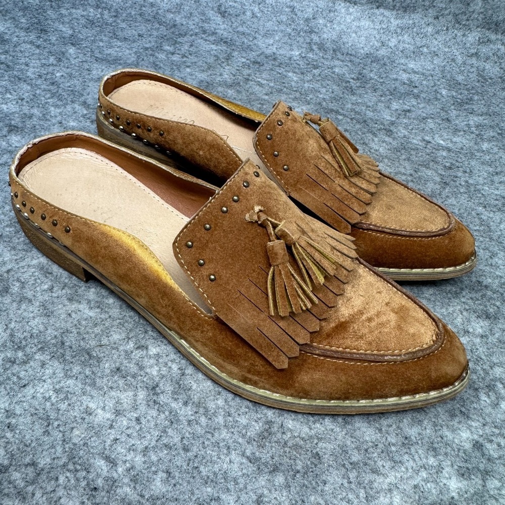 Miim Leather Mules Studded tassel Flats Loafers slip on womens size 7.5 Suede